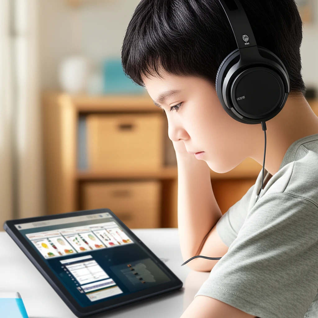 공부하는 학생과 태블릿 PC